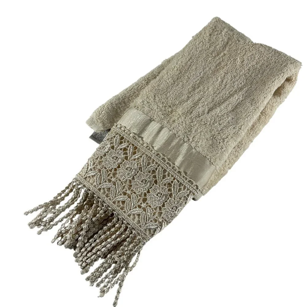 Croscill Home Decorative Hand Towel Ivory Lace Satin Trim Tassel Fringe Cotton